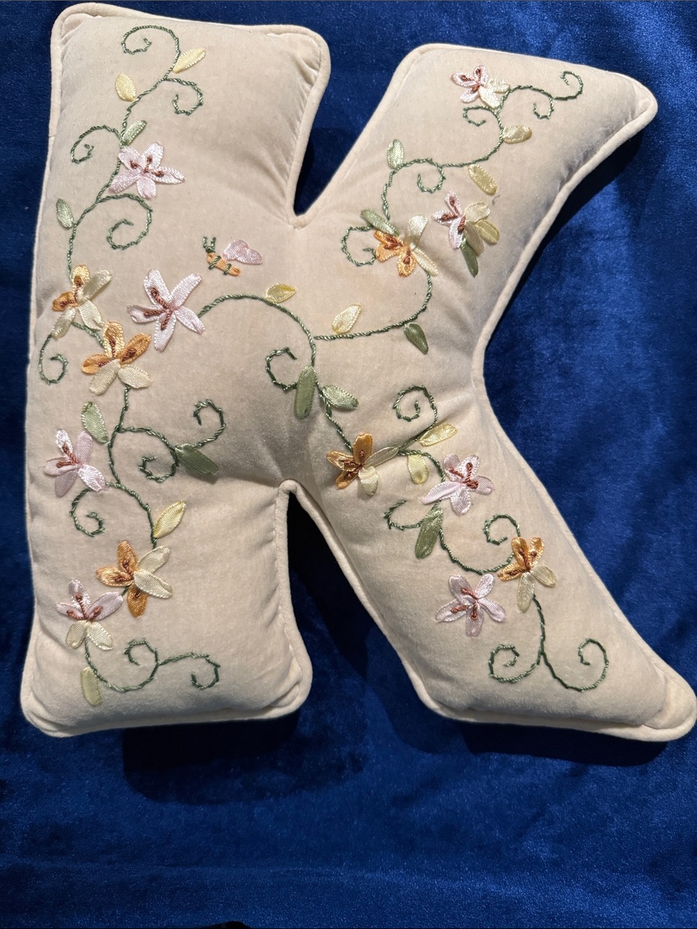 Initial K Small Velvet Accent Pillow Floral Embroidered 11" x 10”
